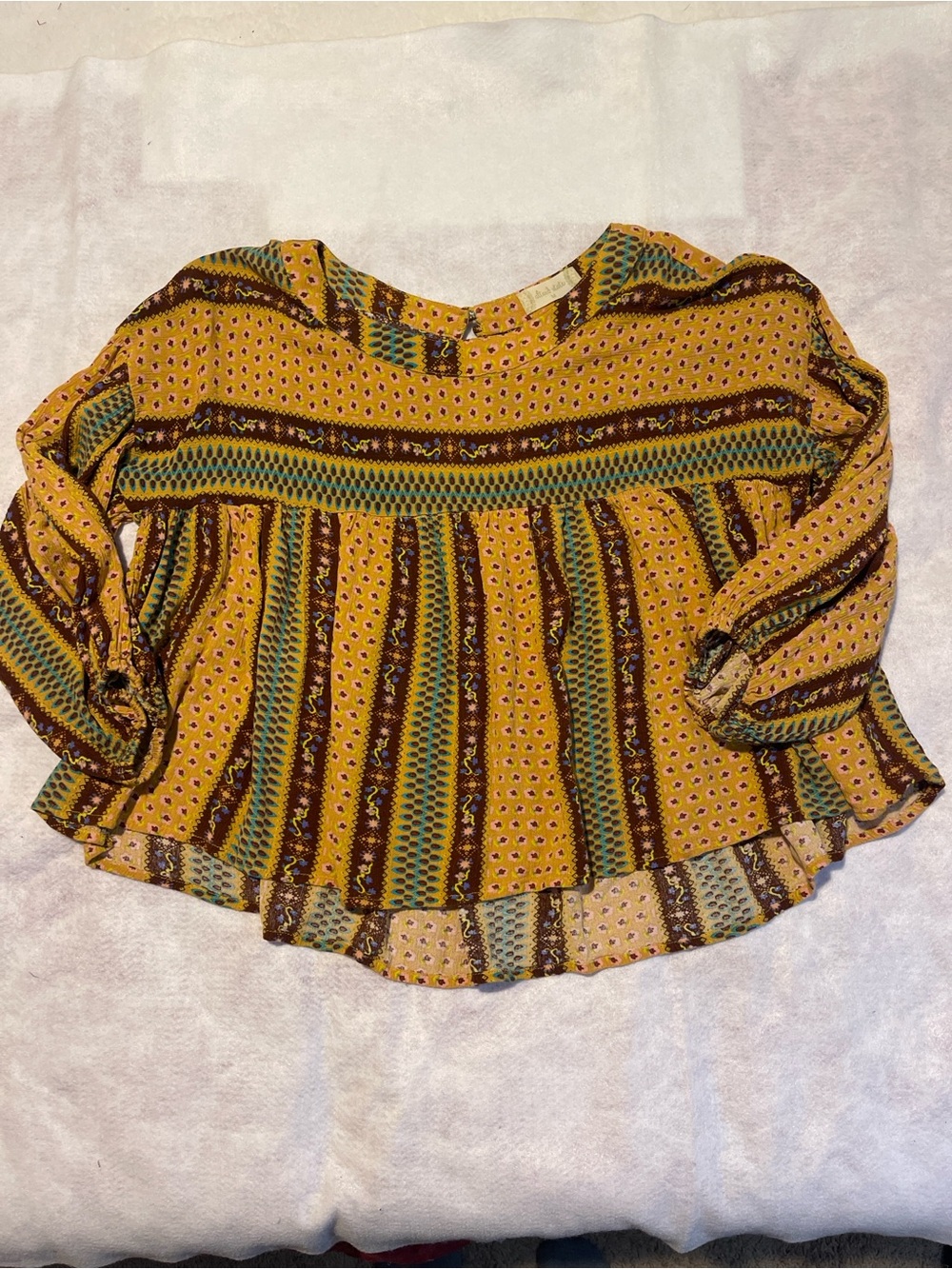 Altar'd State Boho Mustard Yellow Mixed Print Cropped Oversized Swing Top M